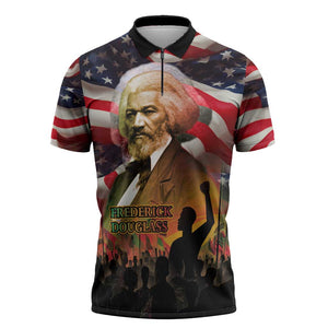 Frederick Douglass Zipper Polo Shirt American Flag Background Powerful Quote Build Strong Children Civil Rights Tribute - African Pride