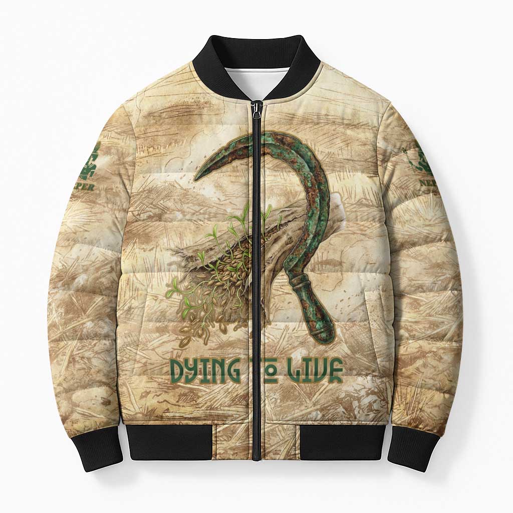 Neper and Nepit Bomber Puffer Jacket Ancient Harvest and Fertility Design with Sickle and Grain