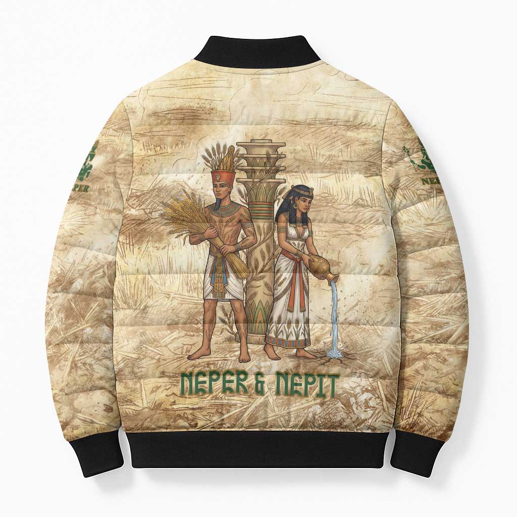 Neper and Nepit Bomber Puffer Jacket Ancient Harvest and Fertility Design with Sickle and Grain