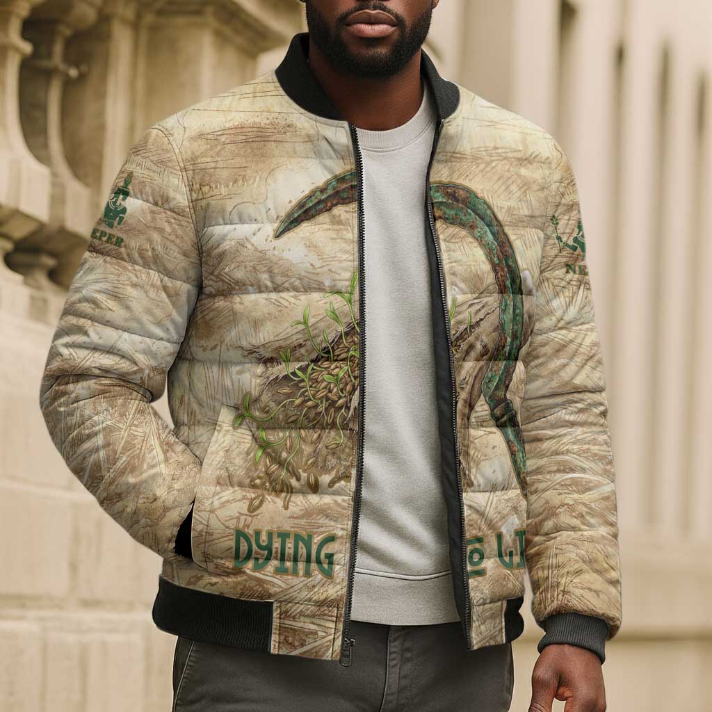 Neper and Nepit Bomber Puffer Jacket Ancient Harvest and Fertility Design with Sickle and Grain