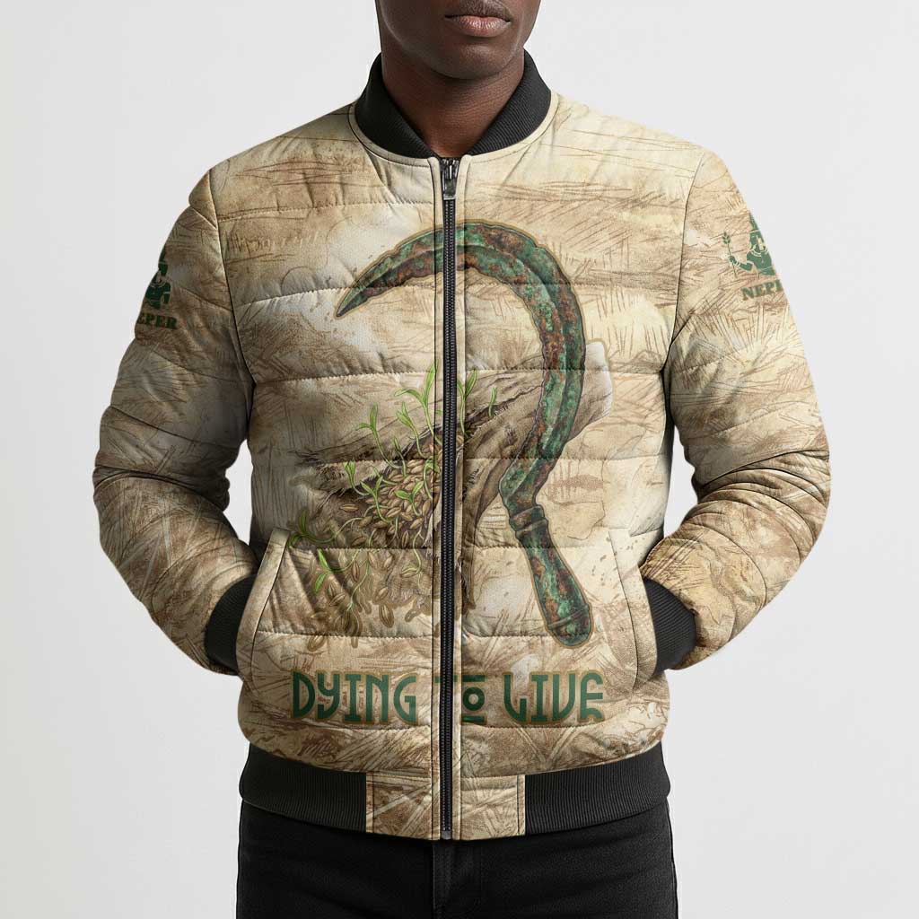 Neper and Nepit Bomber Puffer Jacket Ancient Harvest and Fertility Design with Sickle and Grain