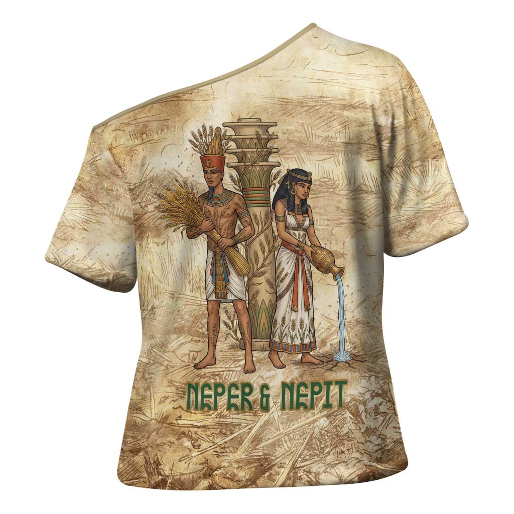 Neper and Nepit Cross Shoulder Shirt Ancient Harvest and Fertility Design with Sickle and Grain