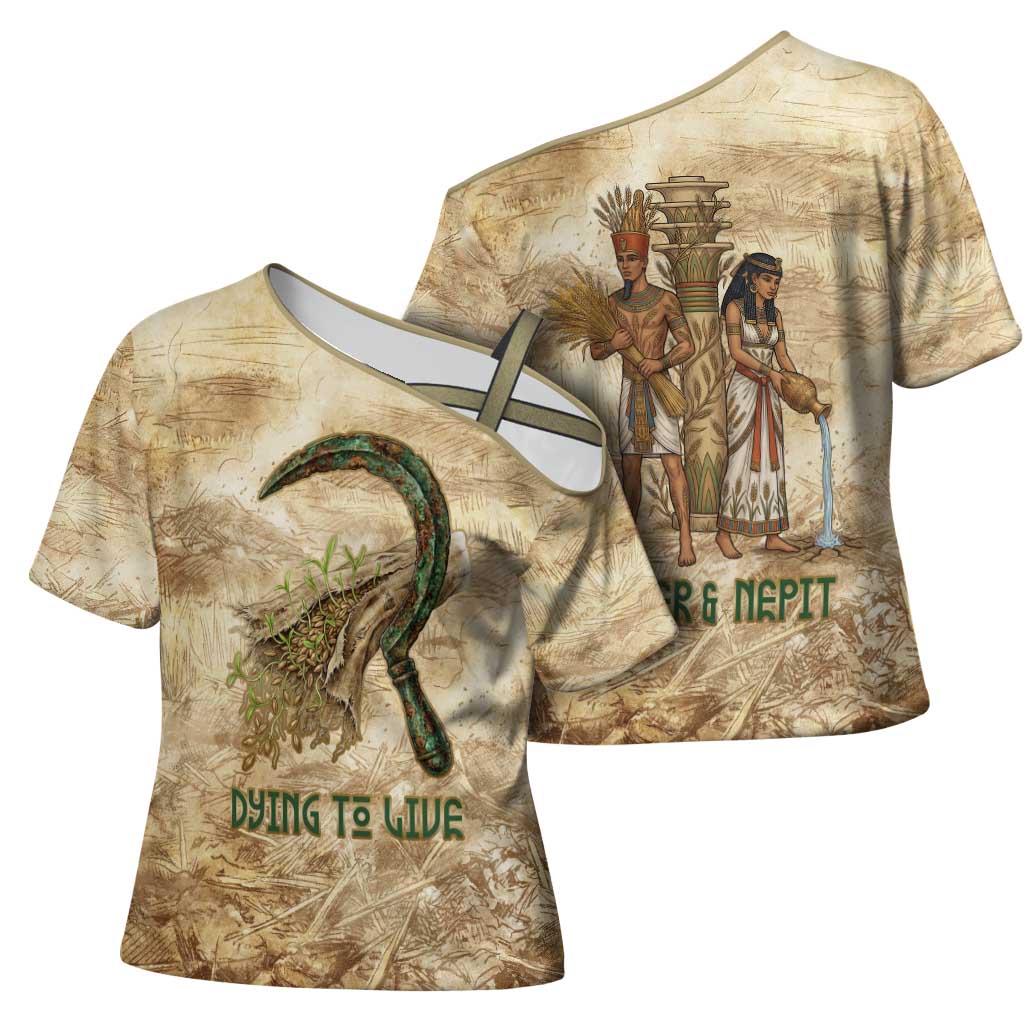 Neper and Nepit Cross Shoulder Shirt Ancient Harvest and Fertility Design with Sickle and Grain