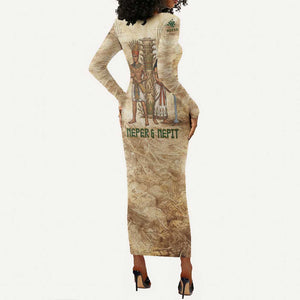 Neper and Nepit Long Sleeve Bodycon Dress Ancient Harvest and Fertility Design with Sickle and Grain