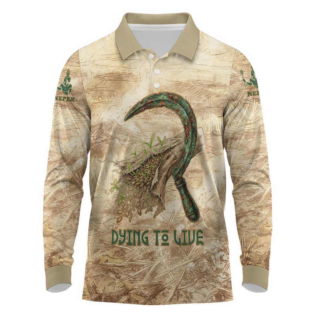 Neper and Nepit Long Sleeve Polo Shirt Ancient Harvest and Fertility Design with Sickle and Grain