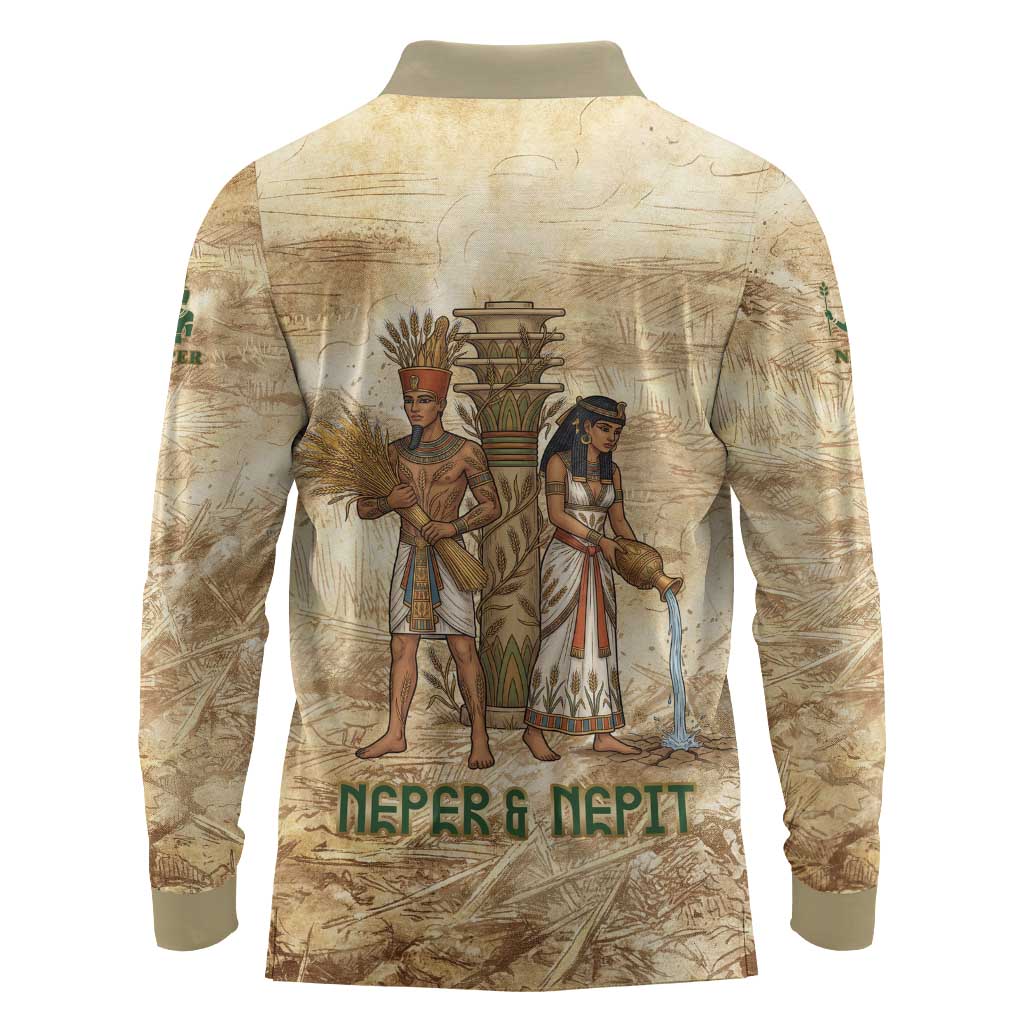 Neper and Nepit Long Sleeve Polo Shirt Ancient Harvest and Fertility Design with Sickle and Grain