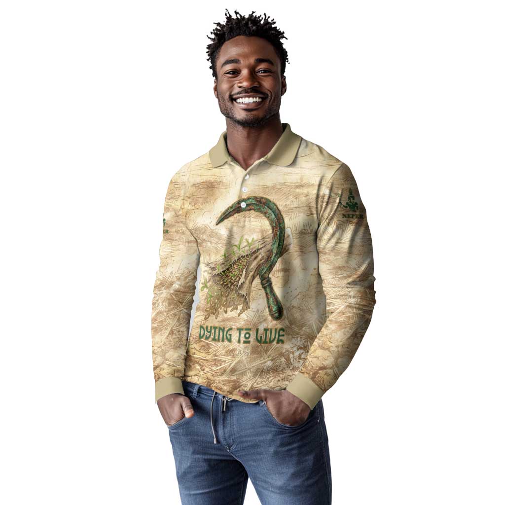 Neper and Nepit Long Sleeve Polo Shirt Ancient Harvest and Fertility Design with Sickle and Grain