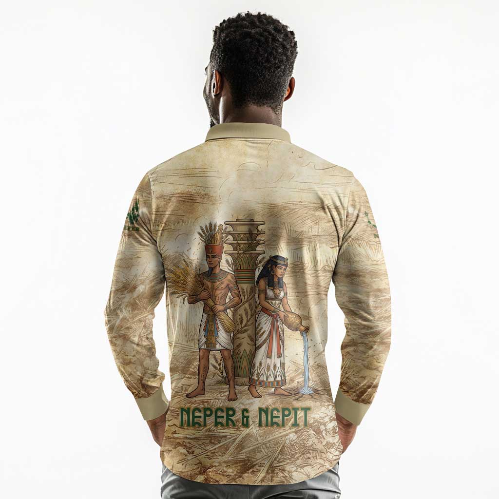 Neper and Nepit Long Sleeve Polo Shirt Ancient Harvest and Fertility Design with Sickle and Grain