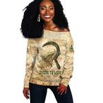 Neper and Nepit Off Shoulder Sweater Ancient Harvest and Fertility Design with Sickle and Grain