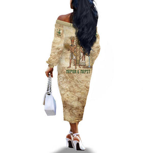 Neper and Nepit Off The Shoulder Long Sleeve Dress Ancient Harvest and Fertility Design with Sickle and Grain