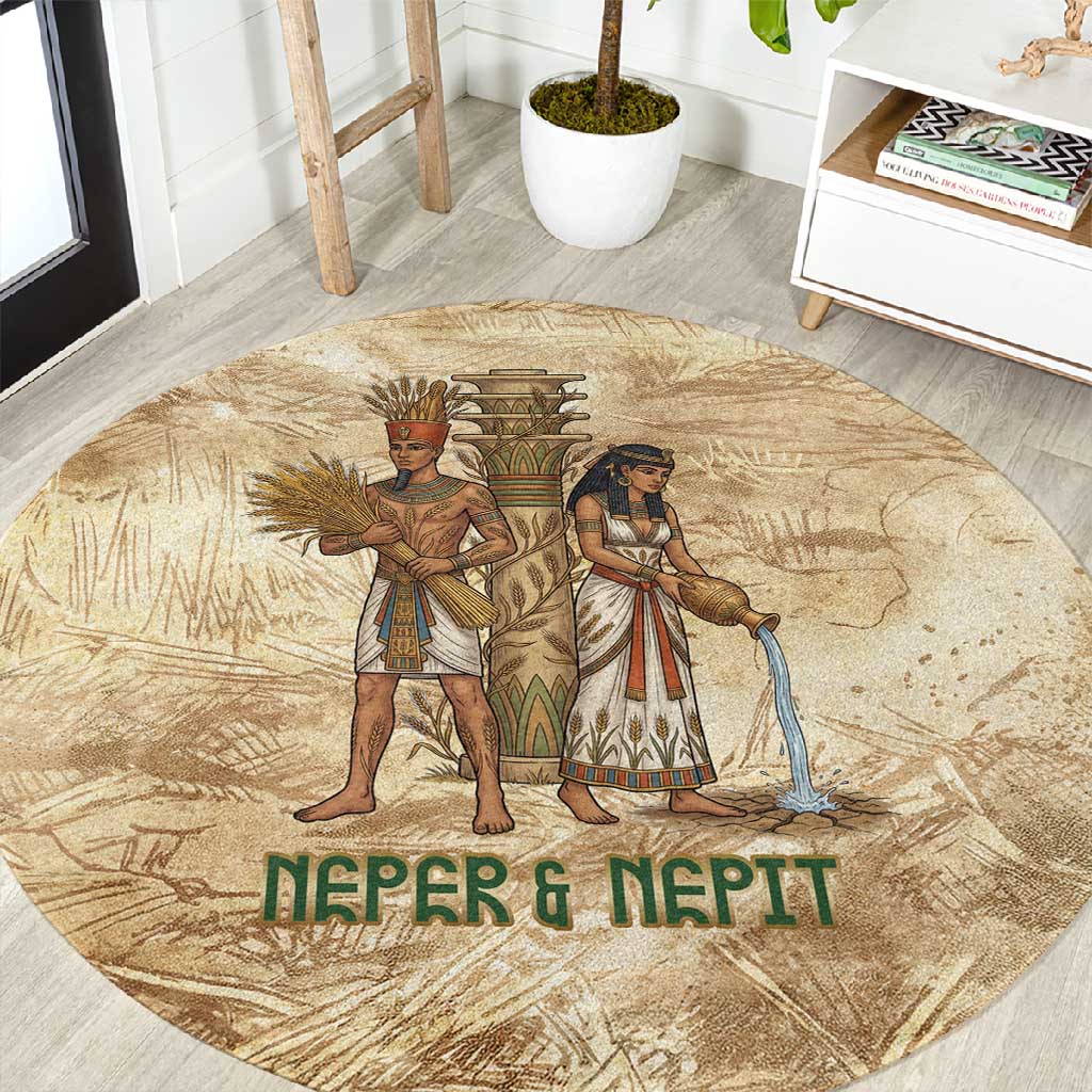 Neper and Nepit Round Carpet Ancient Harvest and Fertility Design with Sickle and Grain