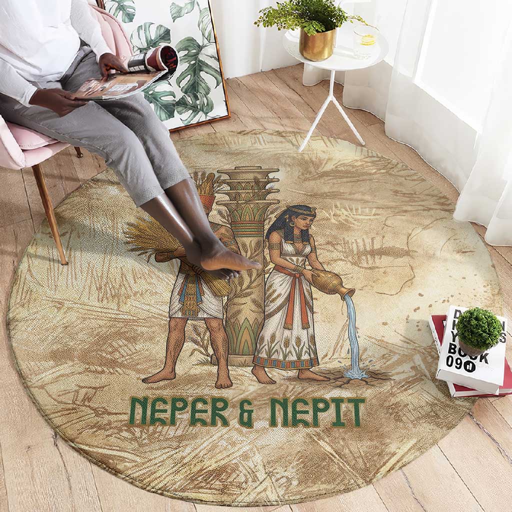 Neper and Nepit Round Carpet Ancient Harvest and Fertility Design with Sickle and Grain