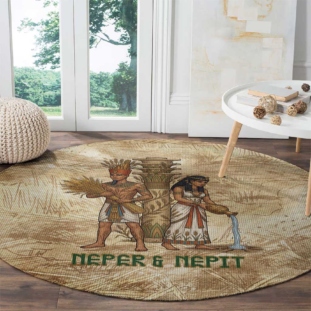 Neper and Nepit Round Carpet Ancient Harvest and Fertility Design with Sickle and Grain