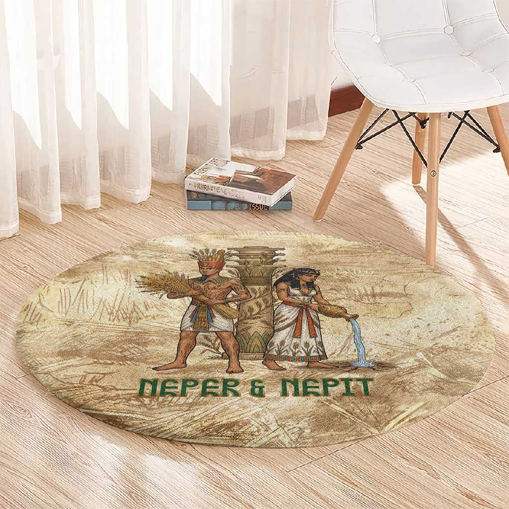 Neper and Nepit Round Carpet Ancient Harvest and Fertility Design with Sickle and Grain
