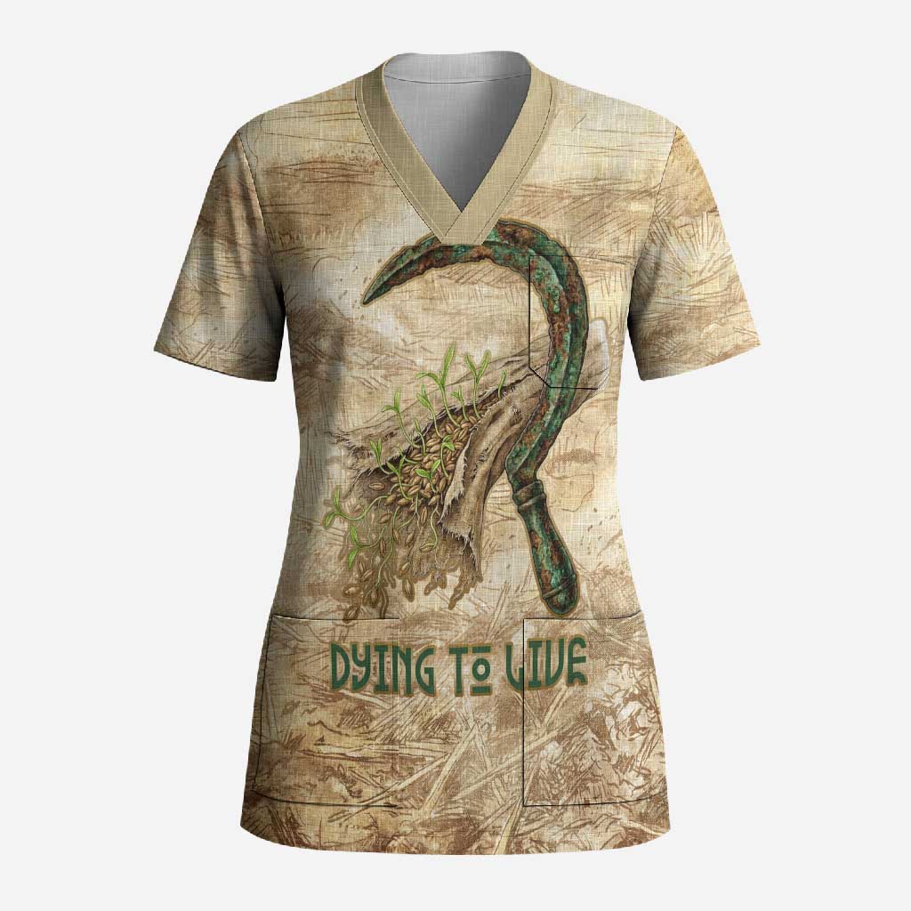 Neper and Nepit Scrub Top Ancient Harvest and Fertility Design with Sickle and Grain