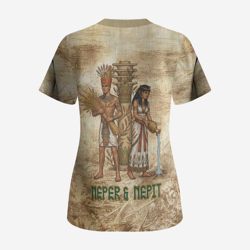 Neper and Nepit Scrub Top Ancient Harvest and Fertility Design with Sickle and Grain