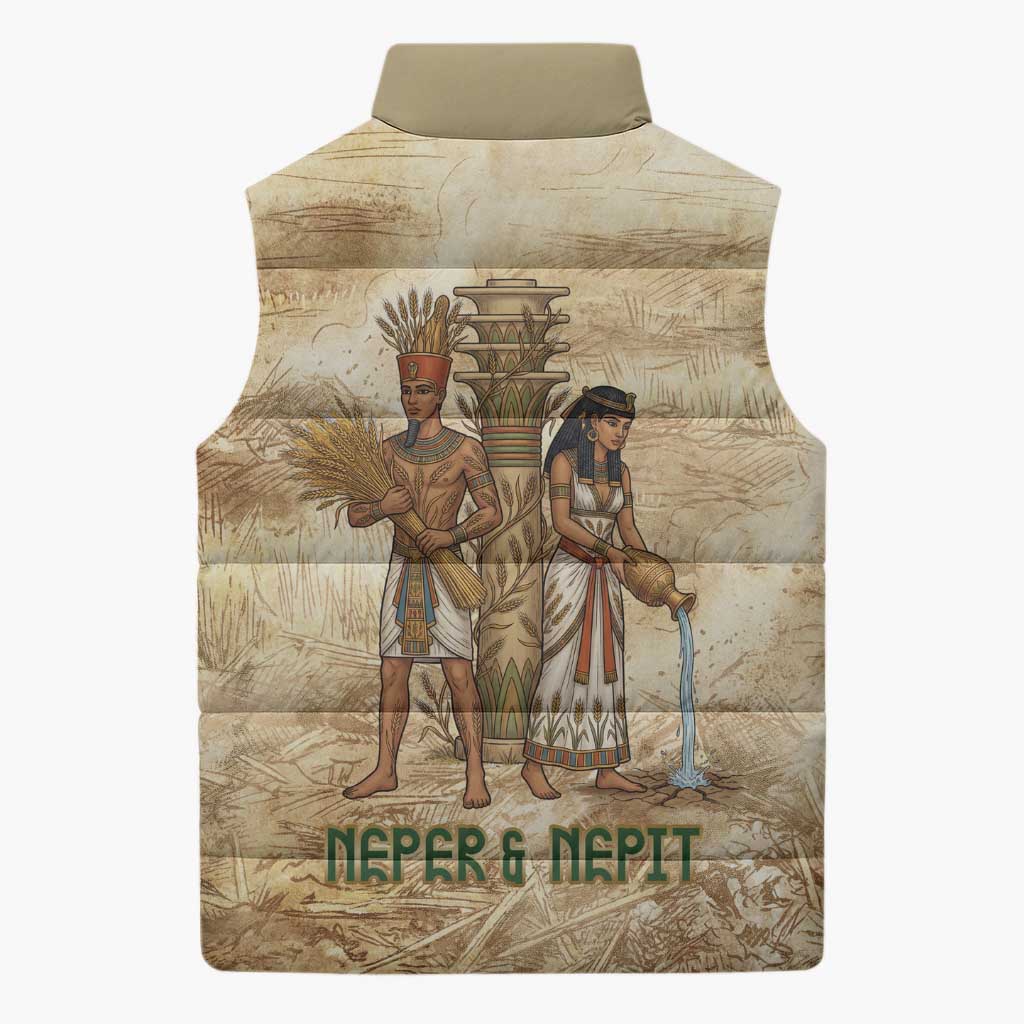 Neper and Nepit Sleeveless Puffer Jacket Ancient Harvest and Fertility Design with Sickle and Grain