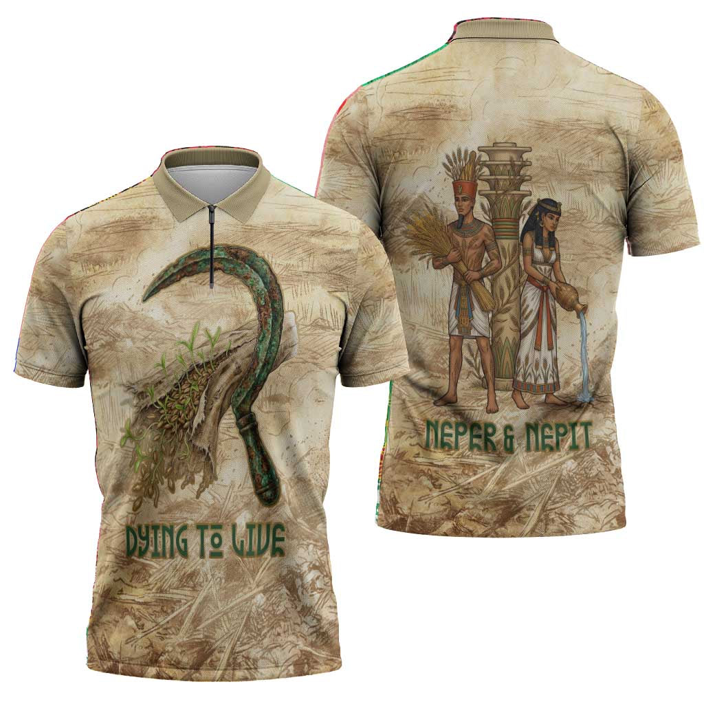 Neper and Nepit Zipper Polo Shirt Ancient Harvest and Fertility Design with Sickle and Grain