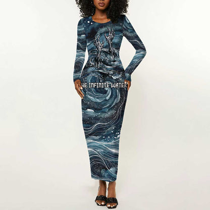 Egypt Nun and Naunet Long Sleeve Bodycon Dress Primordial Water Gods Cosmic Ocean Infinite Waves