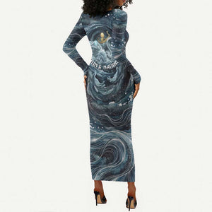 Egypt Nun and Naunet Long Sleeve Bodycon Dress Primordial Water Gods Cosmic Ocean Infinite Waves