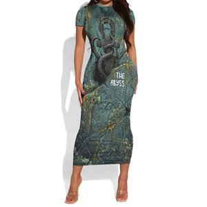 Nun and Naunet Egyptian Short Sleeve Bodycon Dress Serpent Abyss Design Primordial Gods of Ancient Waters