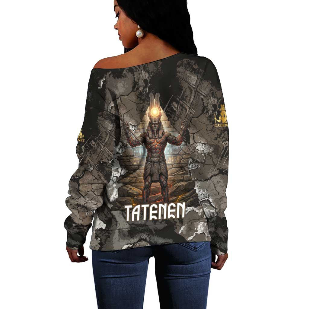 Tatenen Off Shoulder Sweater Rising Hand Design Egyptian God of Creation and Earth Emergence