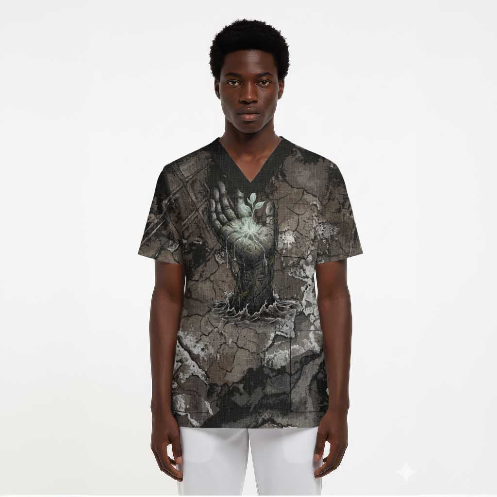Tatenen Scrub Top Rising Hand Design Egyptian God of Creation and Earth Emergence