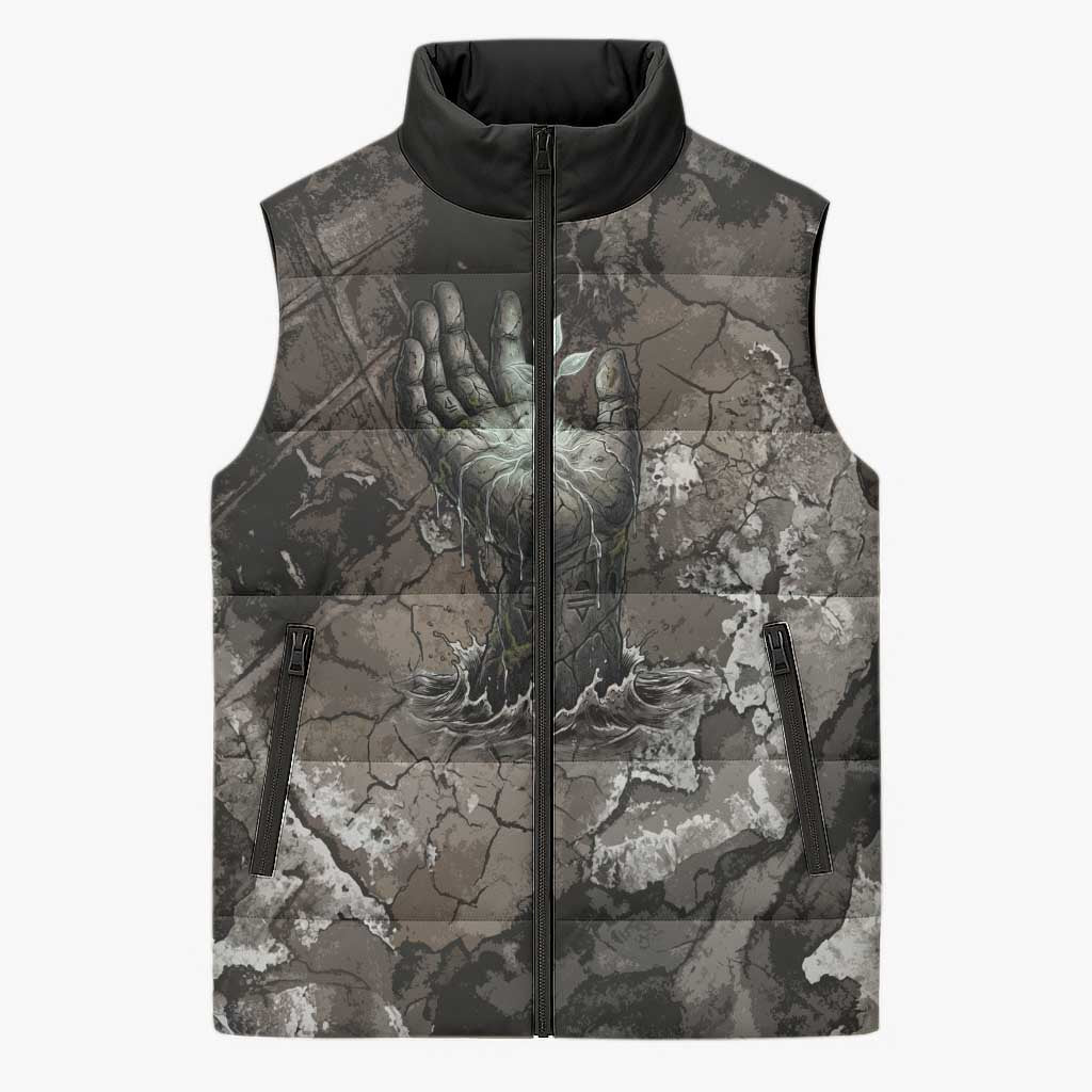 Tatenen Sleeveless Puffer Jacket Rising Hand Design Egyptian God of Creation and Earth Emergence