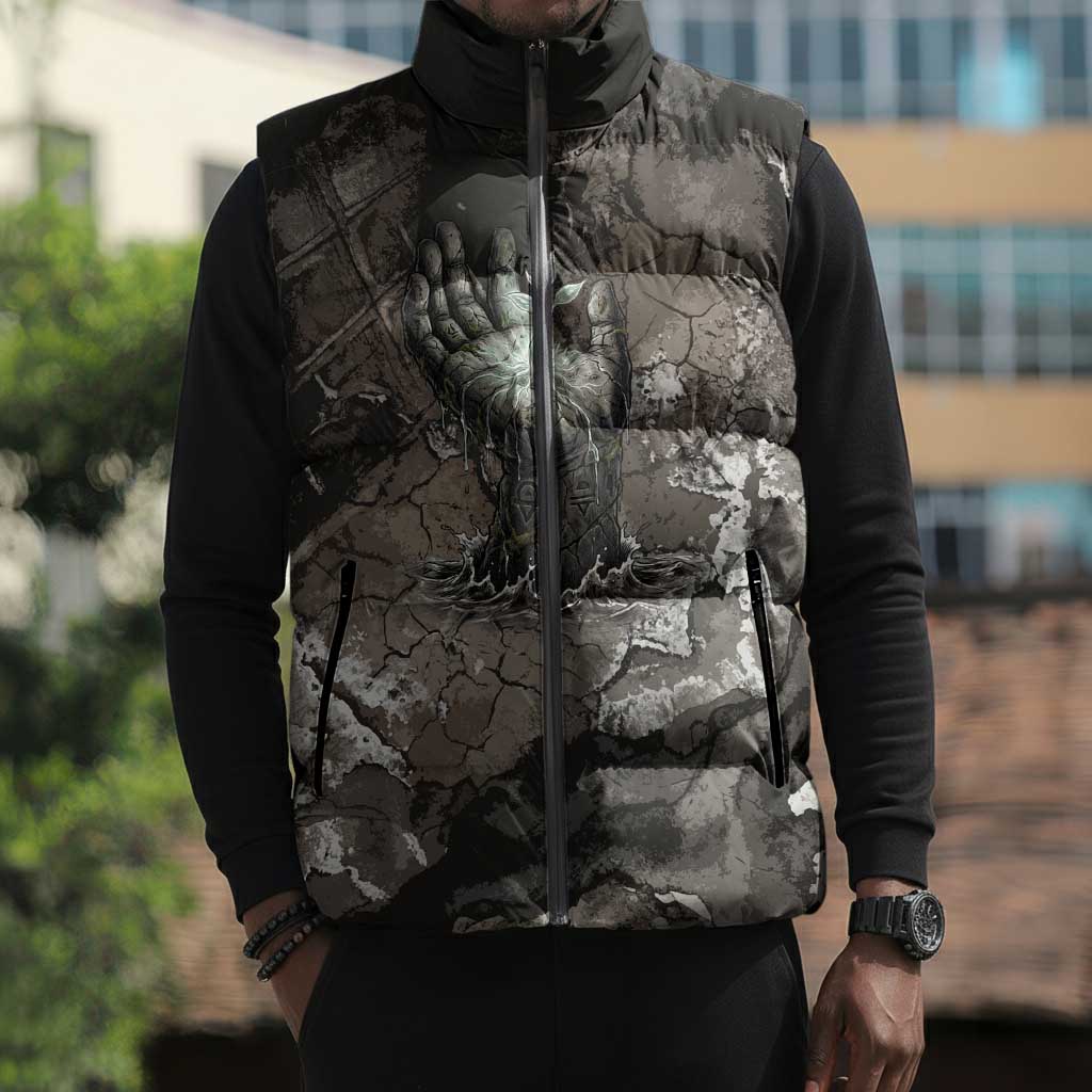 Tatenen Sleeveless Puffer Jacket Rising Hand Design Egyptian God of Creation and Earth Emergence
