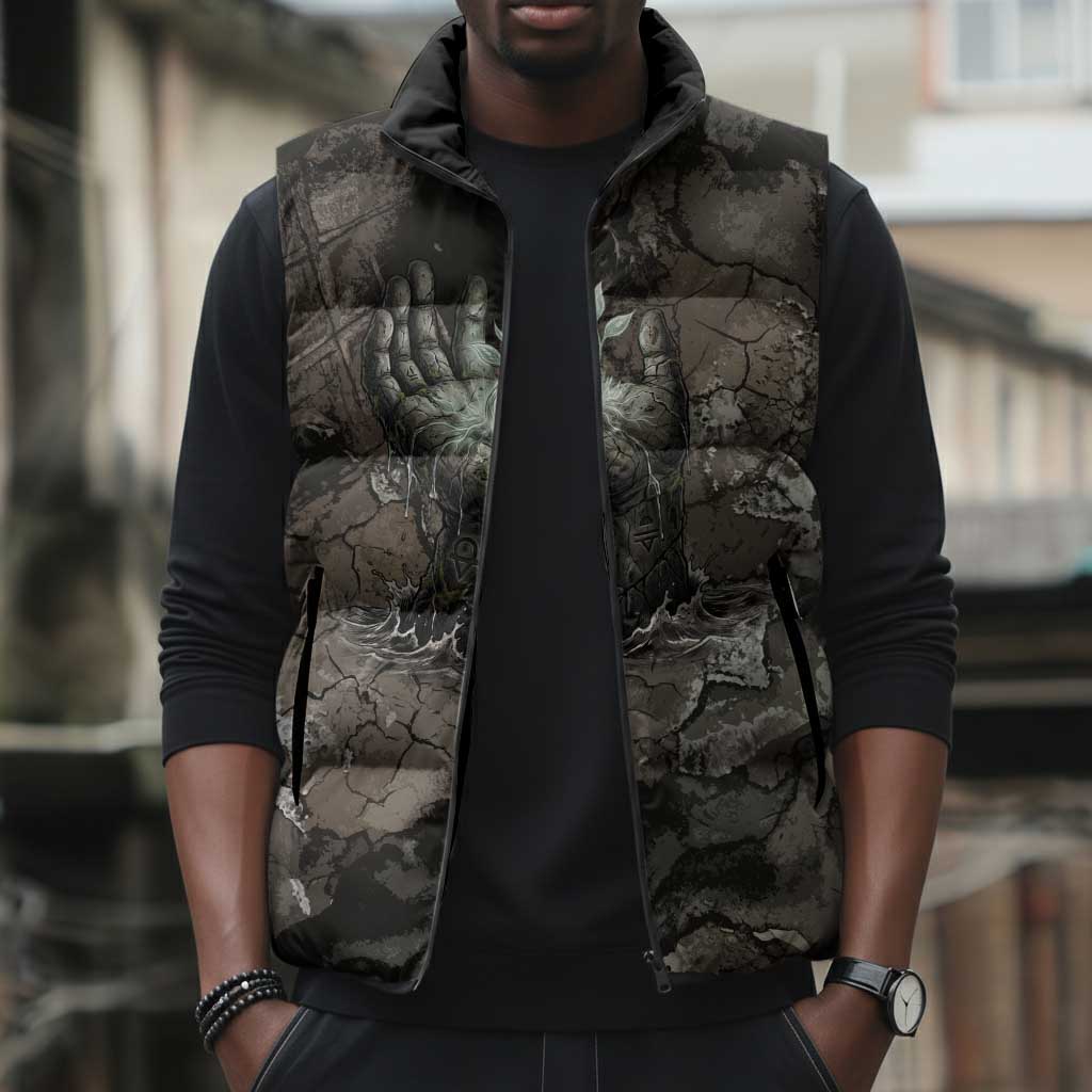 Tatenen Sleeveless Puffer Jacket Rising Hand Design Egyptian God of Creation and Earth Emergence