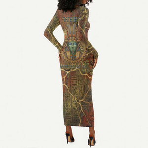 Tatenen Ancient Egyptian Long Sleeve Bodycon Dress Father of the Gods Design with Minerals