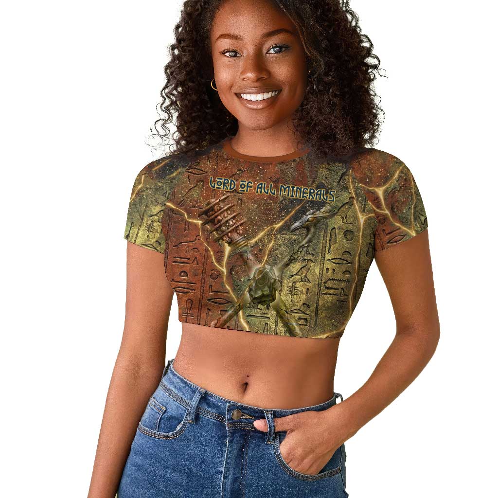 Tatenen Ancient Egyptian Raglan Cropped T shirt Father of the Gods Design with Minerals