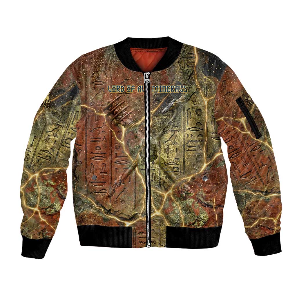 Tatenen Ancient Egyptian Sleeve Zip Bomber Jacket Father of the Gods Design with Minerals