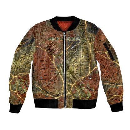 Tatenen Ancient Egyptian Sleeve Zip Bomber Jacket Father of the Gods Design with Minerals