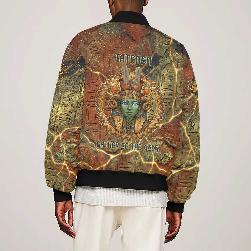 Tatenen Ancient Egyptian Sleeve Zip Bomber Jacket Father of the Gods Design with Minerals