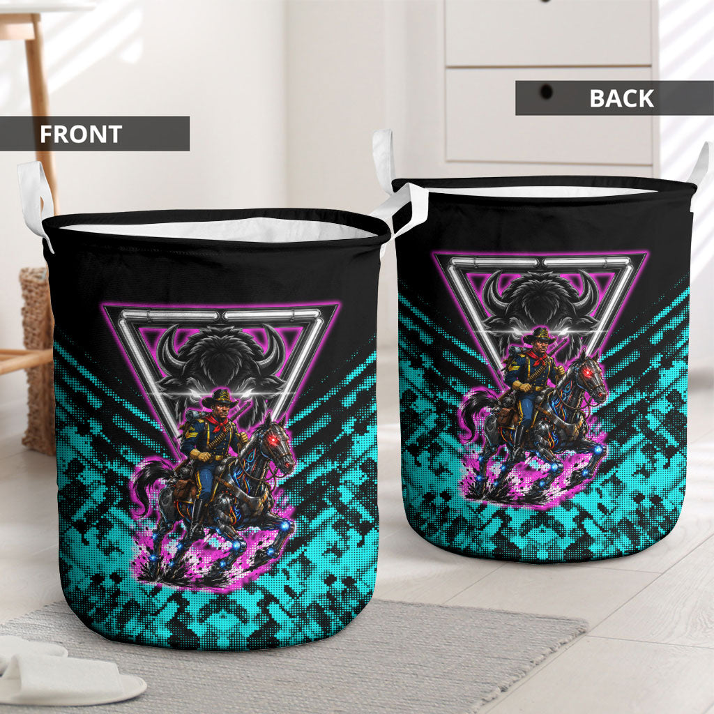 Buffalo Soldiers 9th Cavalry Regiment Laundry Basket Cyberpunk Synthwave Neon Futuristic Graphic Art