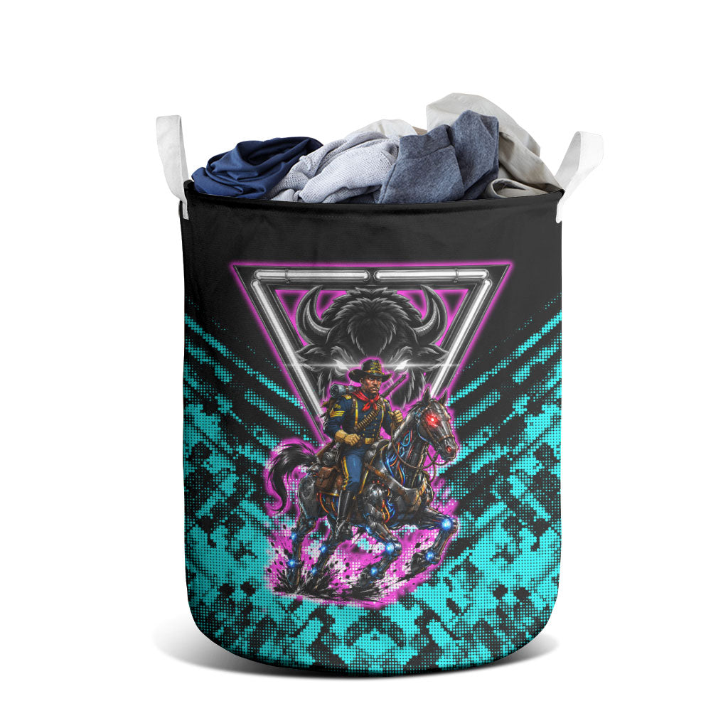 Buffalo Soldiers 9th Cavalry Regiment Laundry Basket Cyberpunk Synthwave Neon Futuristic Graphic Art