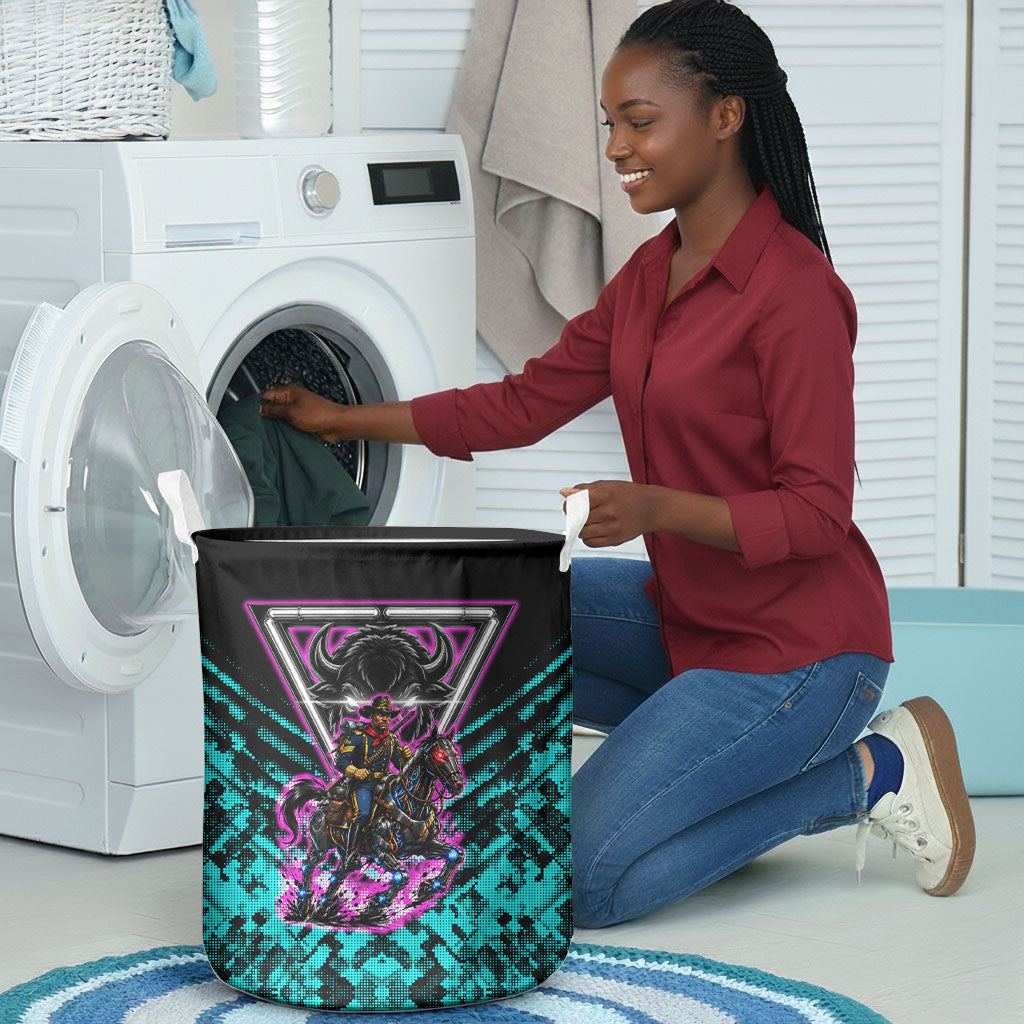 Buffalo Soldiers 9th Cavalry Regiment Laundry Basket Cyberpunk Synthwave Neon Futuristic Graphic Art