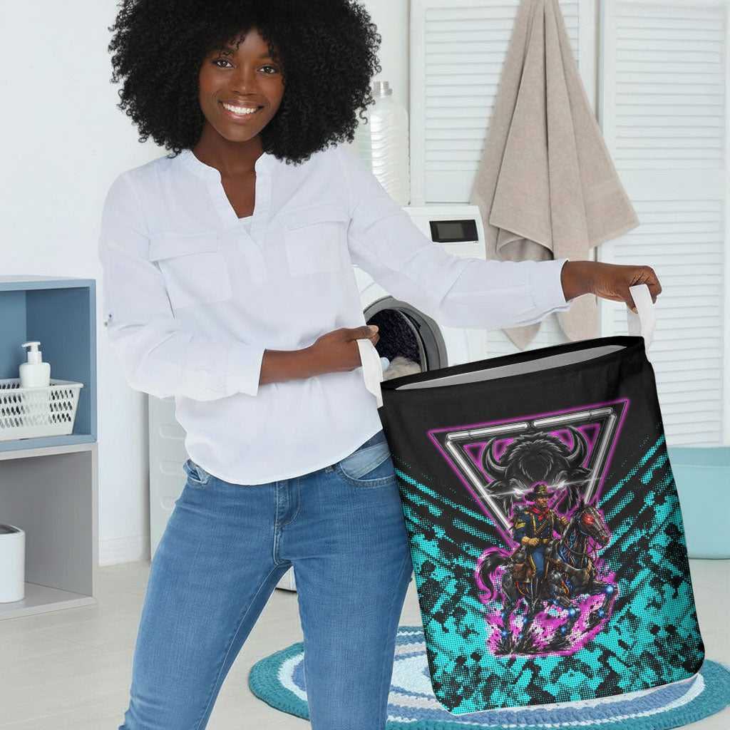 Buffalo Soldiers 9th Cavalry Regiment Laundry Basket Cyberpunk Synthwave Neon Futuristic Graphic Art