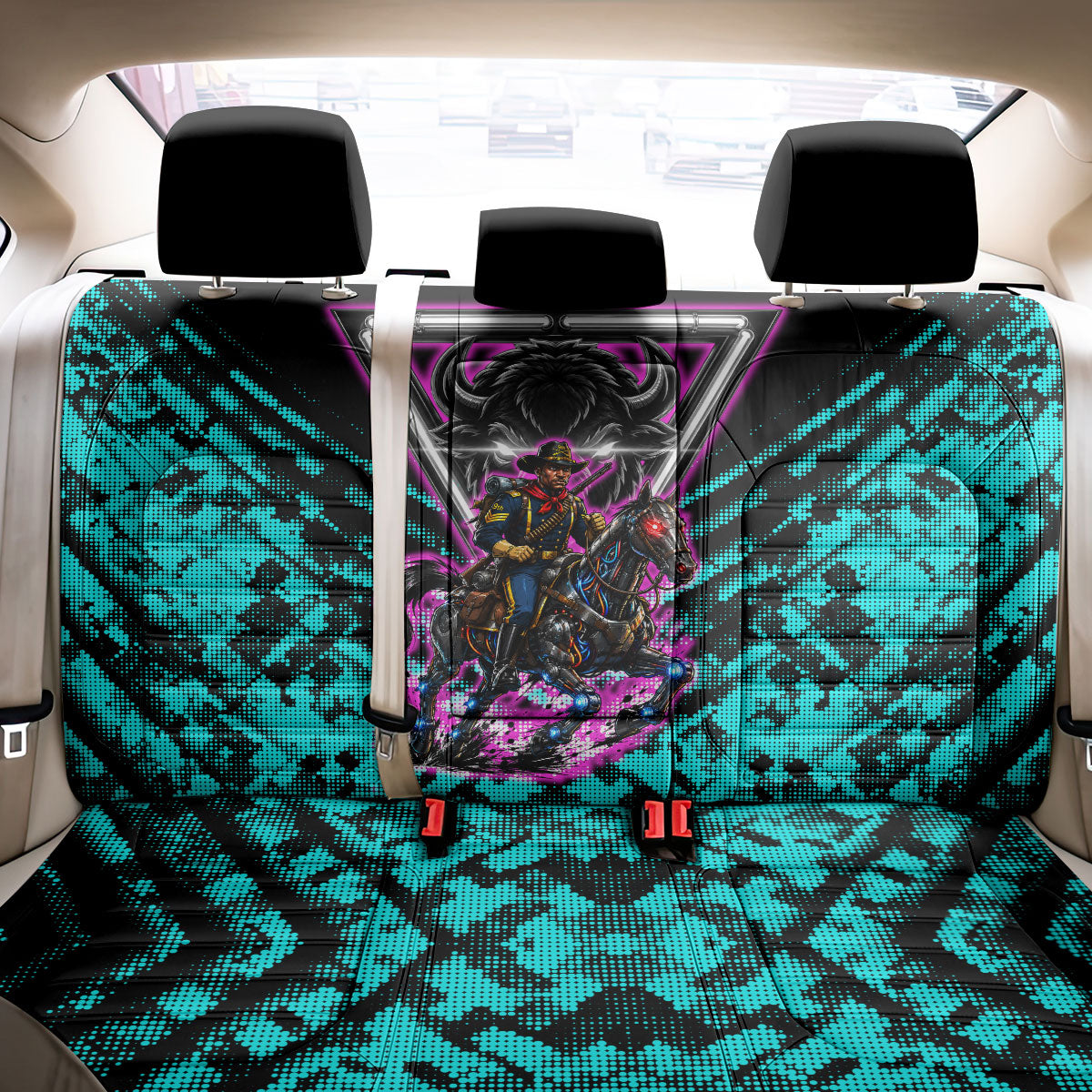 Buffalo Soldiers 9th Cavalry Regiment Back Car Seat Cover Cyberpunk Synthwave Neon Futuristic Graphic Art