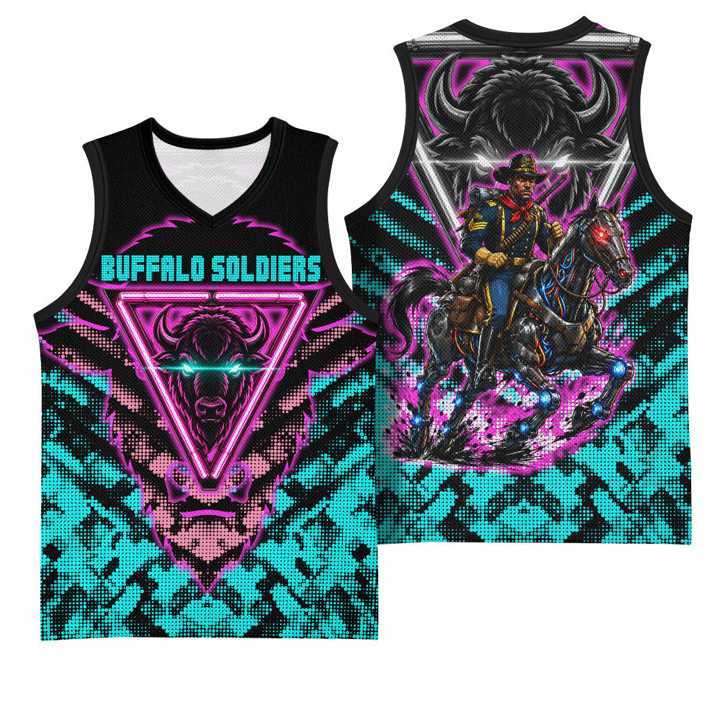 Buffalo Soldiers 9th Cavalry Regiment Basketball Jersey Cyberpunk Synthwave Neon Futuristic Graphic Art
