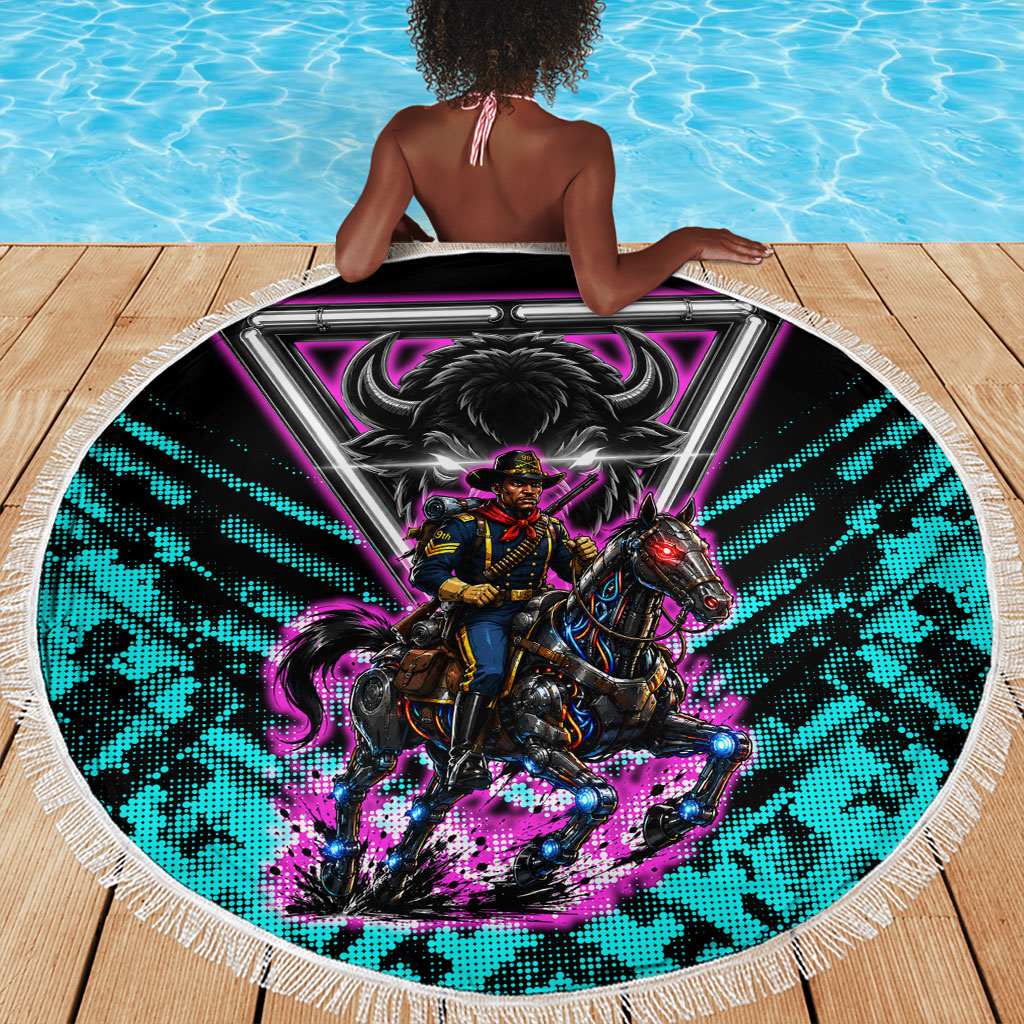 Buffalo Soldiers 9th Cavalry Regiment Beach Blanket Cyberpunk Synthwave Neon Futuristic Graphic Art