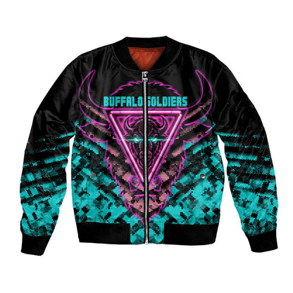 Buffalo Soldiers 9th Cavalry Regiment Bomber Jacket Cyberpunk Synthwave Neon Futuristic Graphic Art
