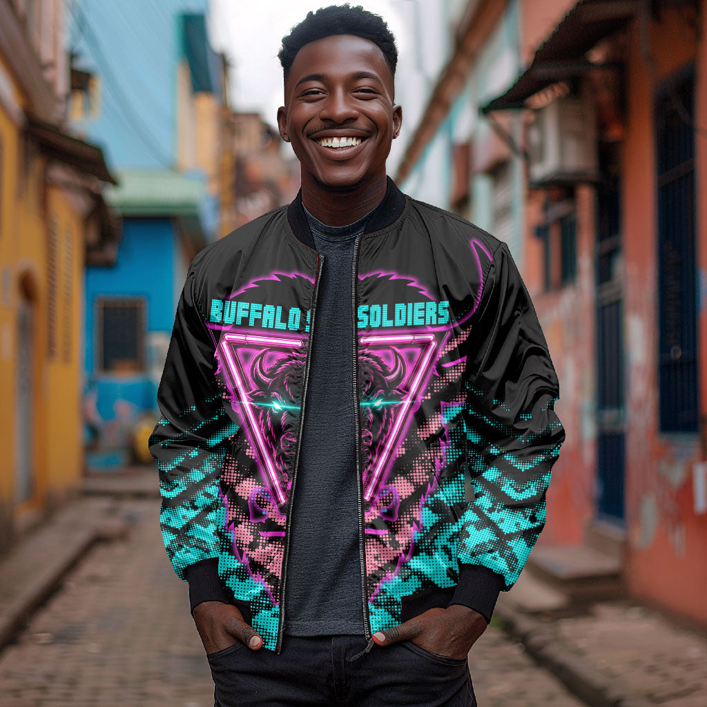 Buffalo Soldiers 9th Cavalry Regiment Bomber Jacket Cyberpunk Synthwave Neon Futuristic Graphic Art