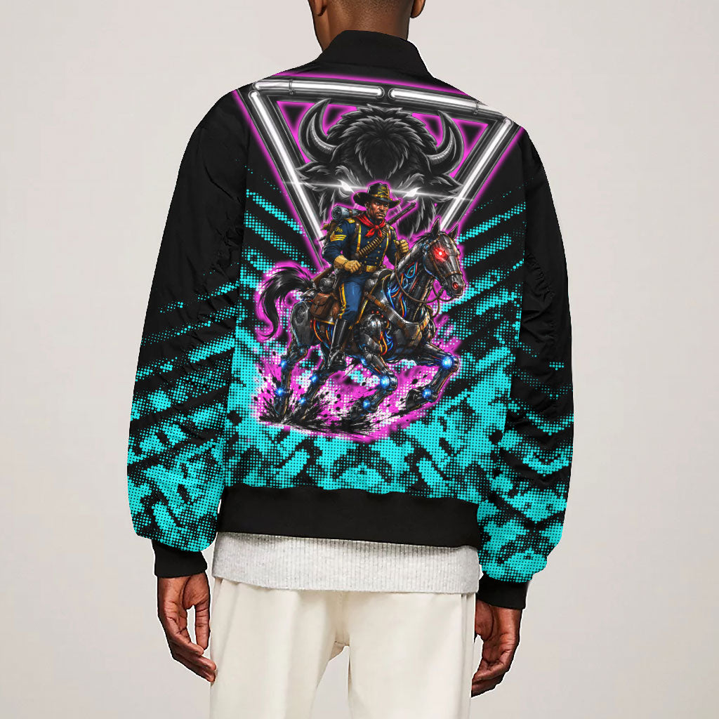 Buffalo Soldiers 9th Cavalry Regiment Bomber Jacket Cyberpunk Synthwave Neon Futuristic Graphic Art