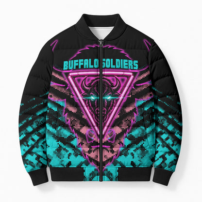 Buffalo Soldiers 9th Cavalry Regiment Bomber Puffer Jacket Cyberpunk Synthwave Neon Futuristic Graphic Art