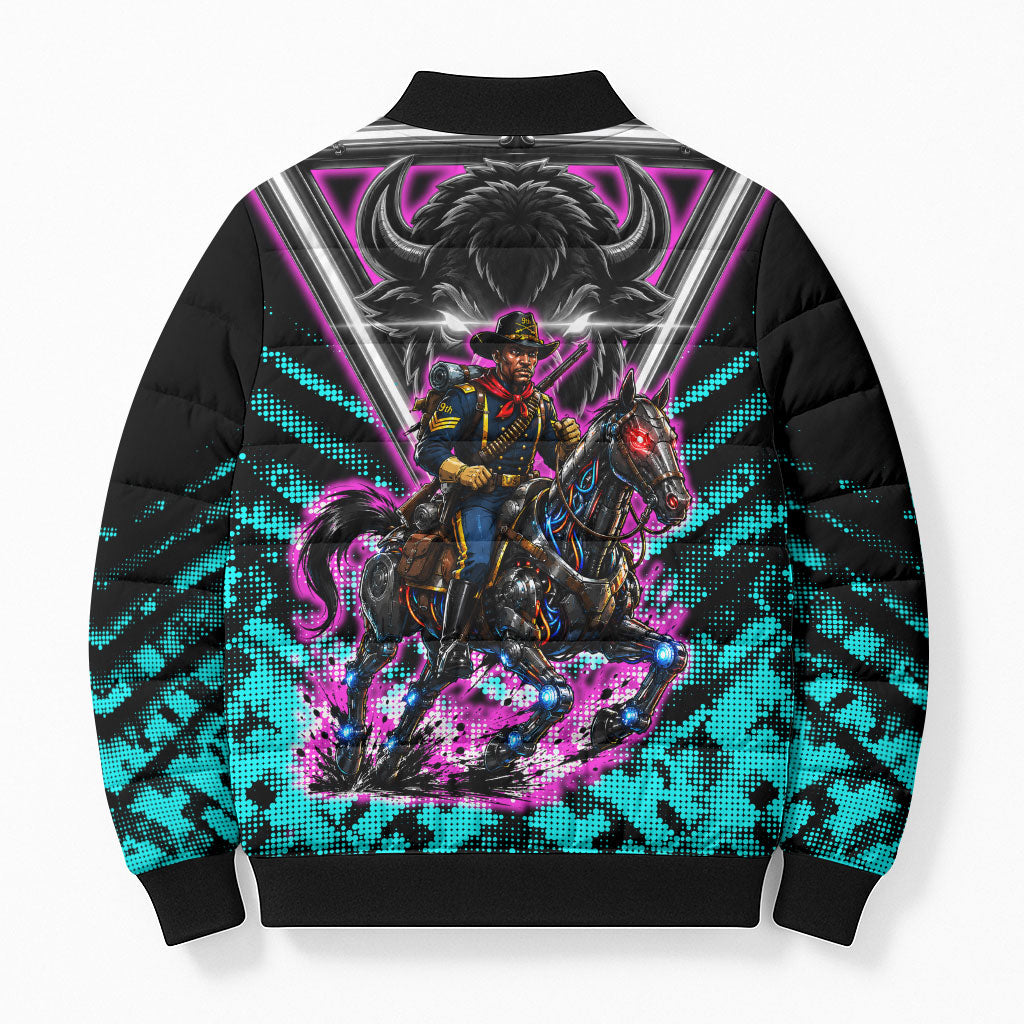 Buffalo Soldiers 9th Cavalry Regiment Bomber Puffer Jacket Cyberpunk Synthwave Neon Futuristic Graphic Art