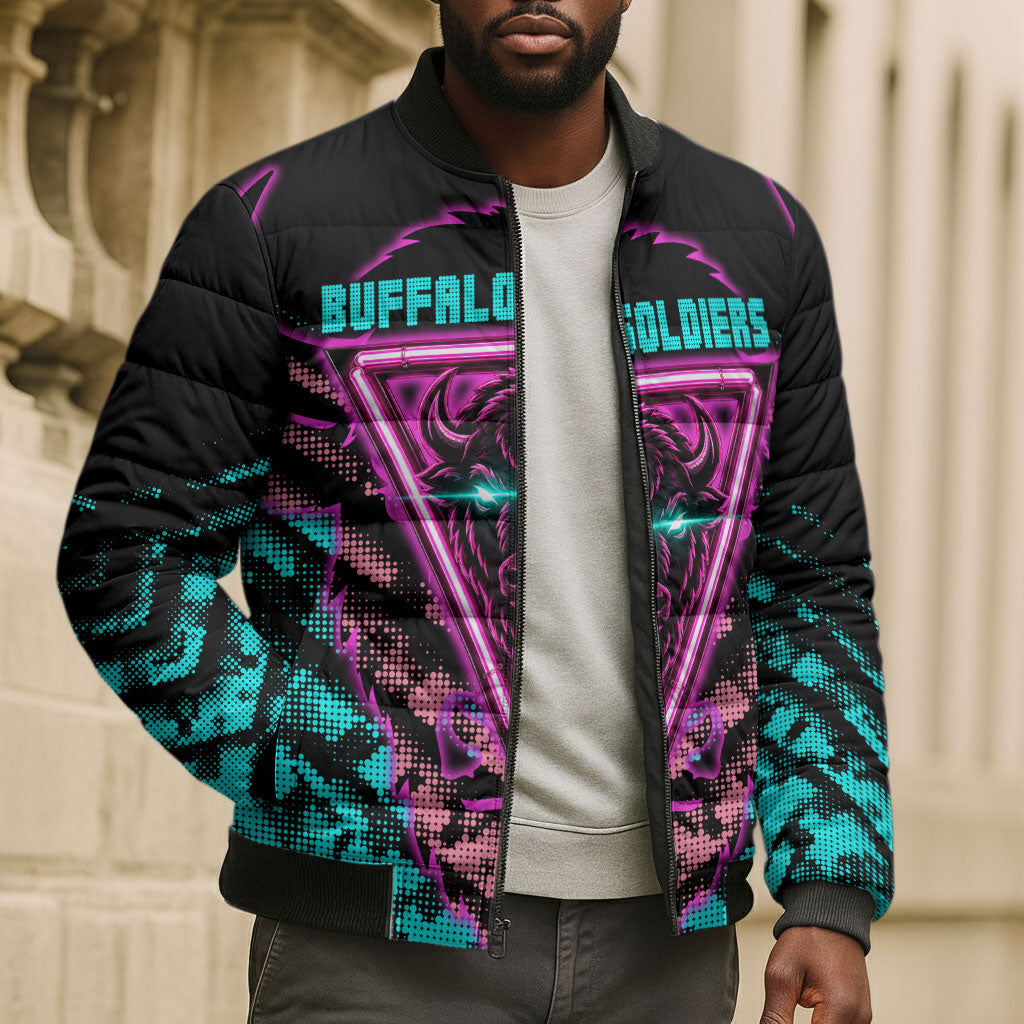 Buffalo Soldiers 9th Cavalry Regiment Bomber Puffer Jacket Cyberpunk Synthwave Neon Futuristic Graphic Art