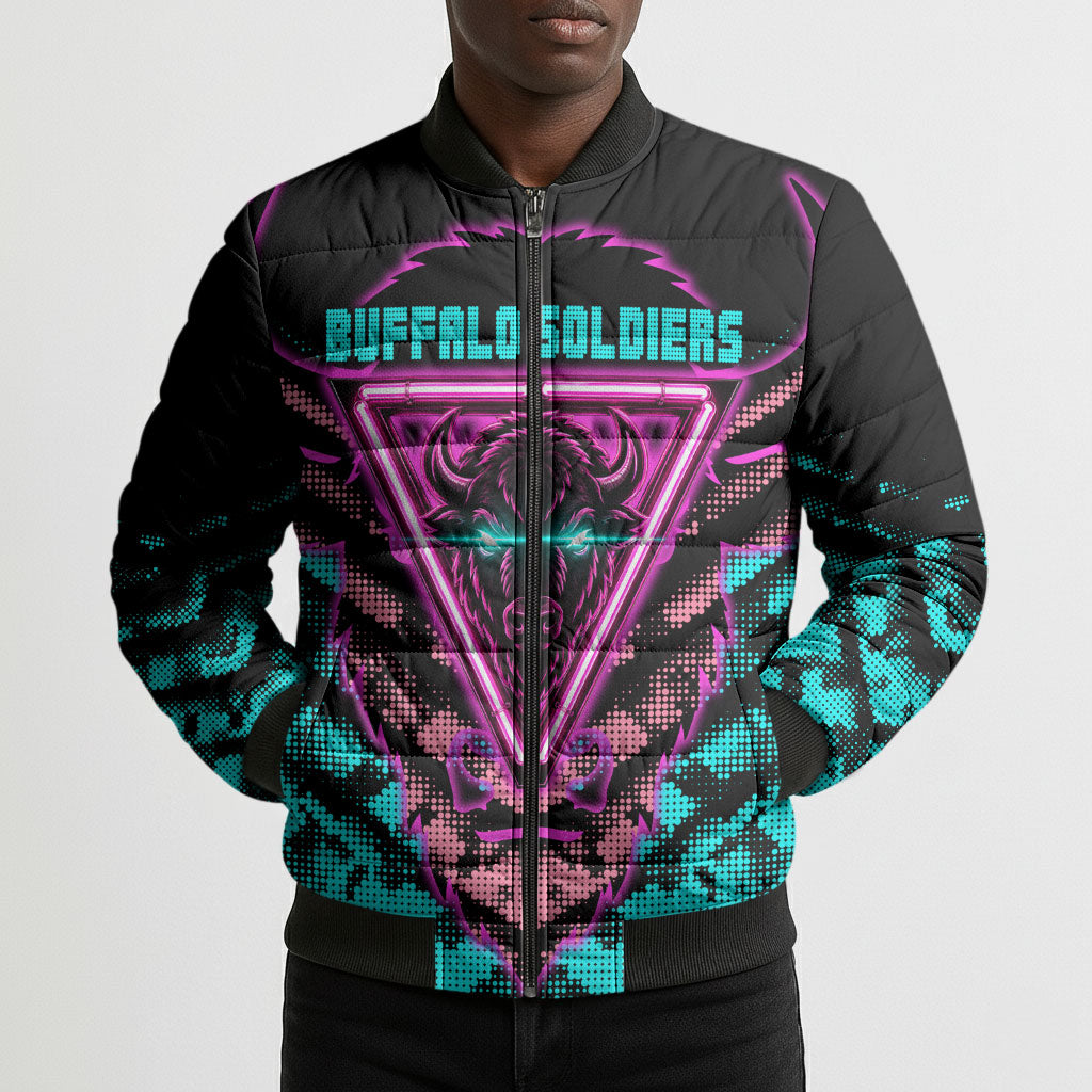 Buffalo Soldiers 9th Cavalry Regiment Bomber Puffer Jacket Cyberpunk Synthwave Neon Futuristic Graphic Art