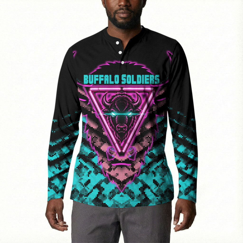 Buffalo Soldiers 9th Cavalry Regiment Button Sweatshirt Cyberpunk Synthwave Neon Futuristic Graphic Art